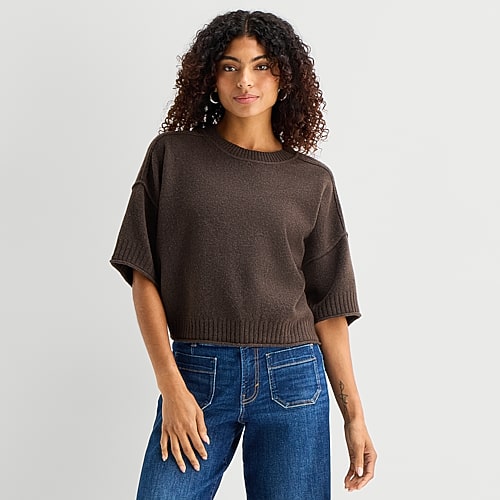 Ana Womens Crew Neck Short Sleeve Pullover Sweater In Brown
