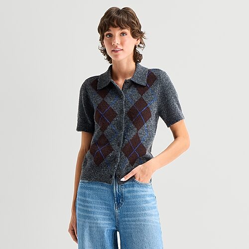 Ana Womens Short Sleeve Button Plaid Cardigan In Gray