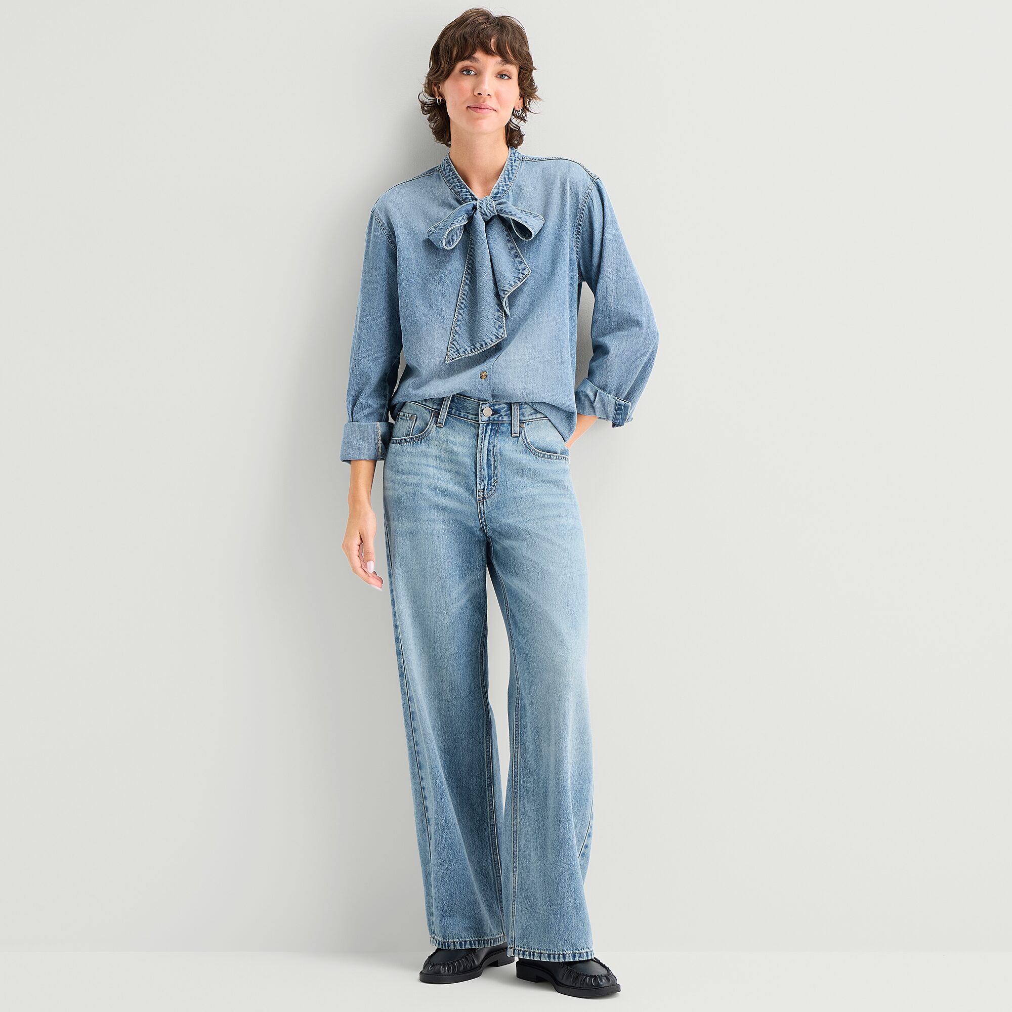 A.N.A Womens Split Tie Neck Long Sleeve Blouse