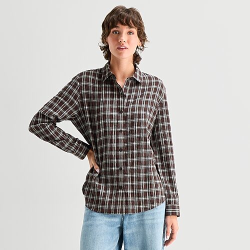 Ana Plaid Womens Cuffed Long Sleeve Regular Fit Button-down Shirt In Brown