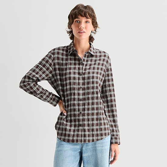 A.N.A Plaid Womens Cuffed Long Sleeve Regular Fit Button-Down Shirt