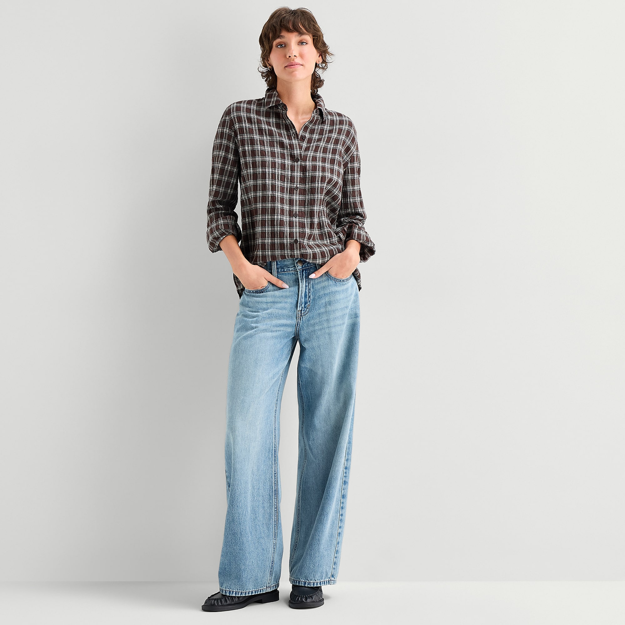 A.N.A Plaid Womens Cuffed Long Sleeve Regular Fit Button-Down Shirt