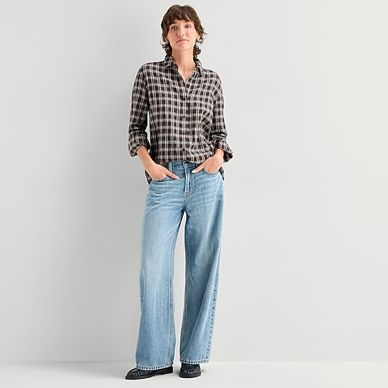 A.N.A Plaid Womens Cuffed Long Sleeve Regular Fit Button-Down Shirt