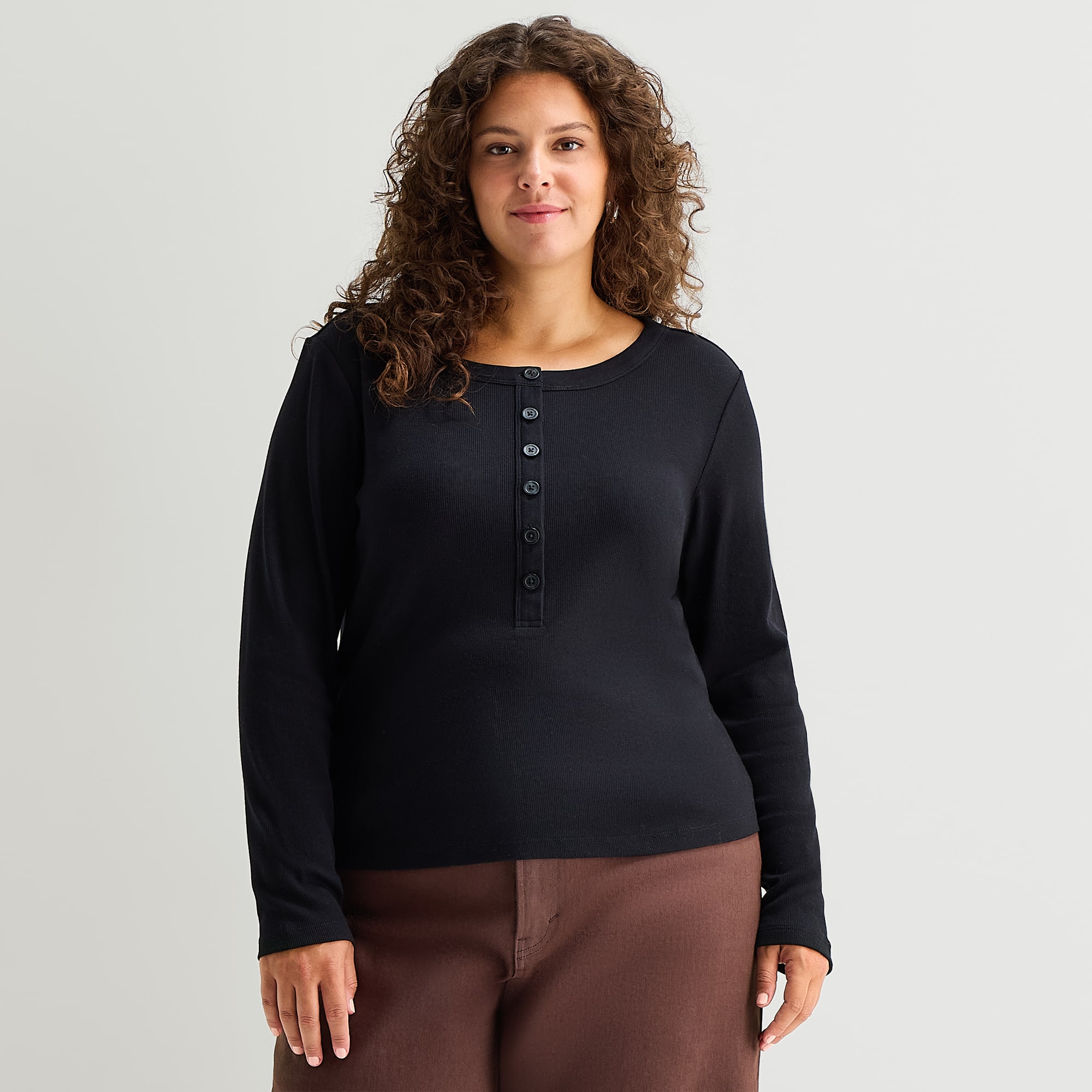 A.N.A Womens Plus Long Sleeve Fitted Henley Shirt