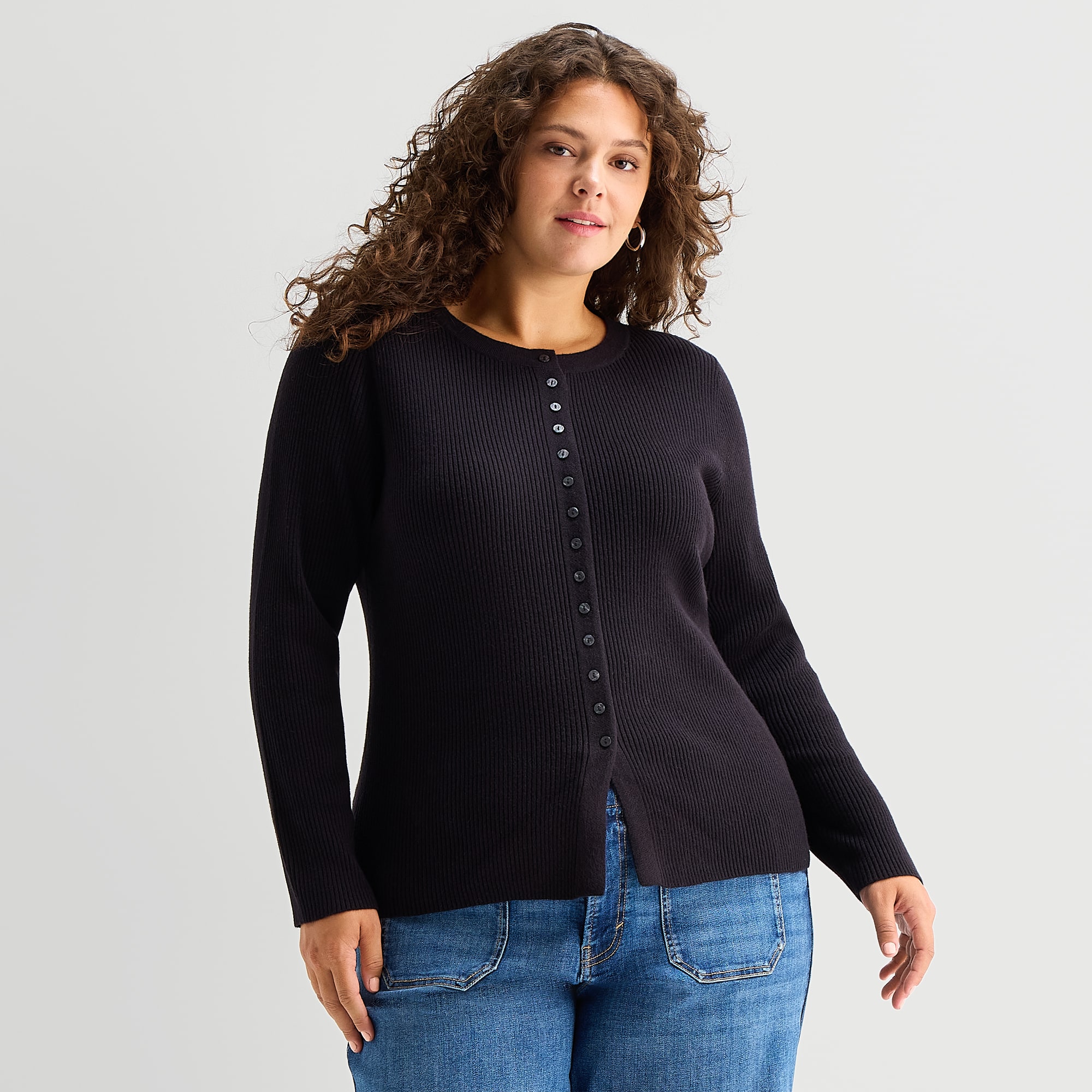 A.N.A Womens Crew Neck Long Sleeve Button Plus Cardigan