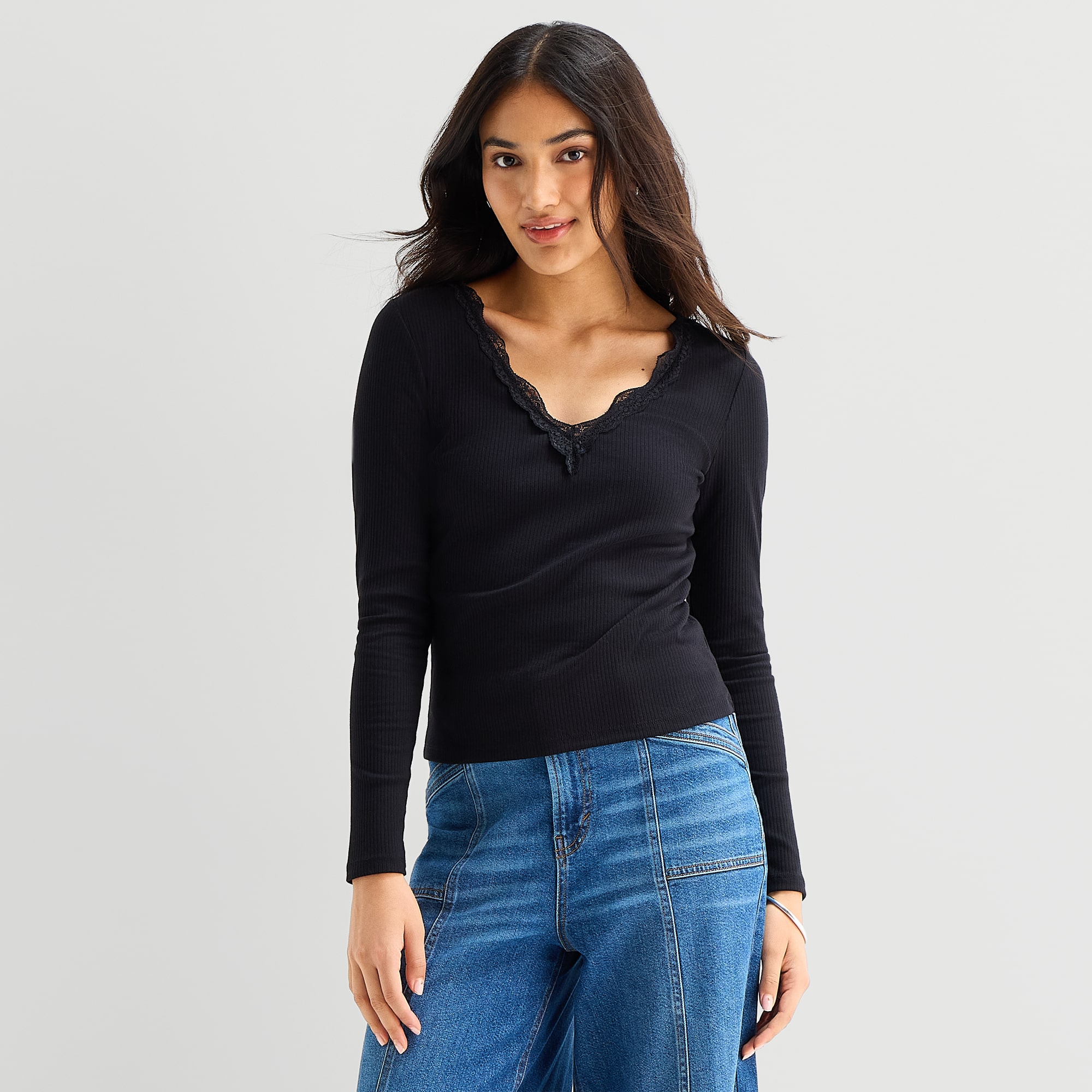 A.N.A Lace Trim Womens V Neck Long Sleeve T-Shirt