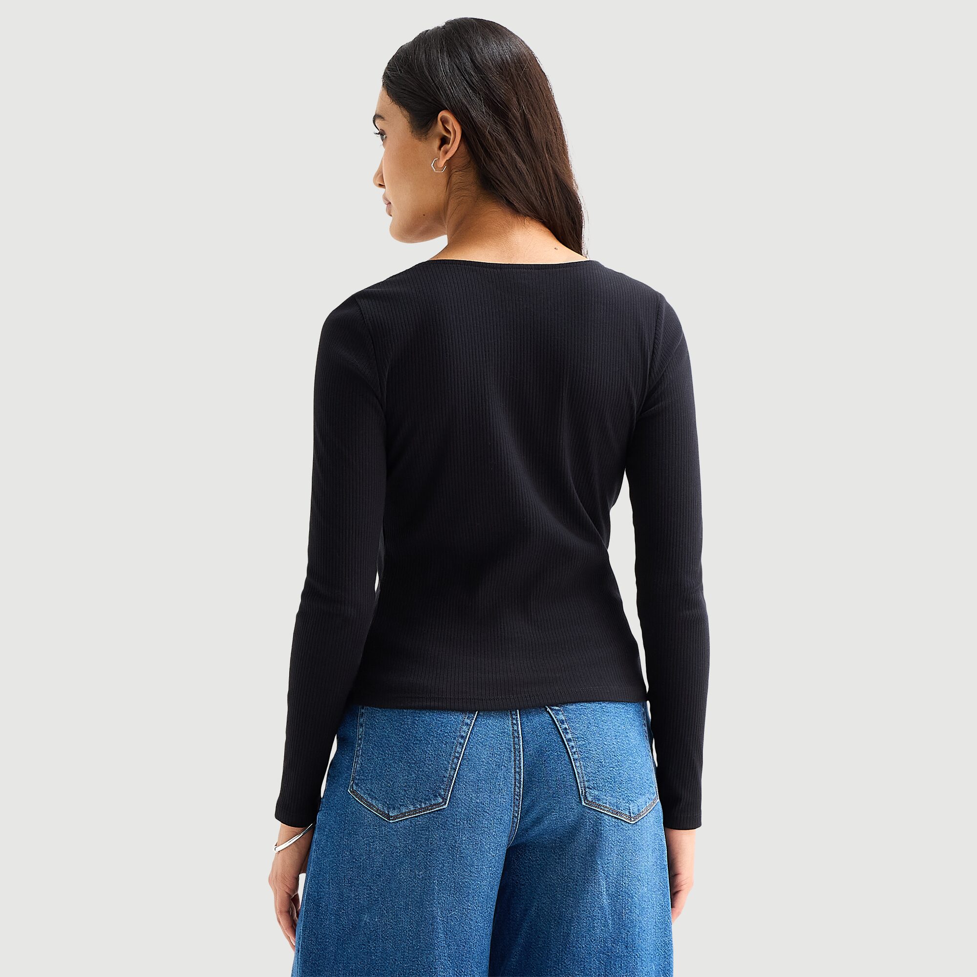 A.N.A Lace Trim Womens V Neck Long Sleeve T-Shirt