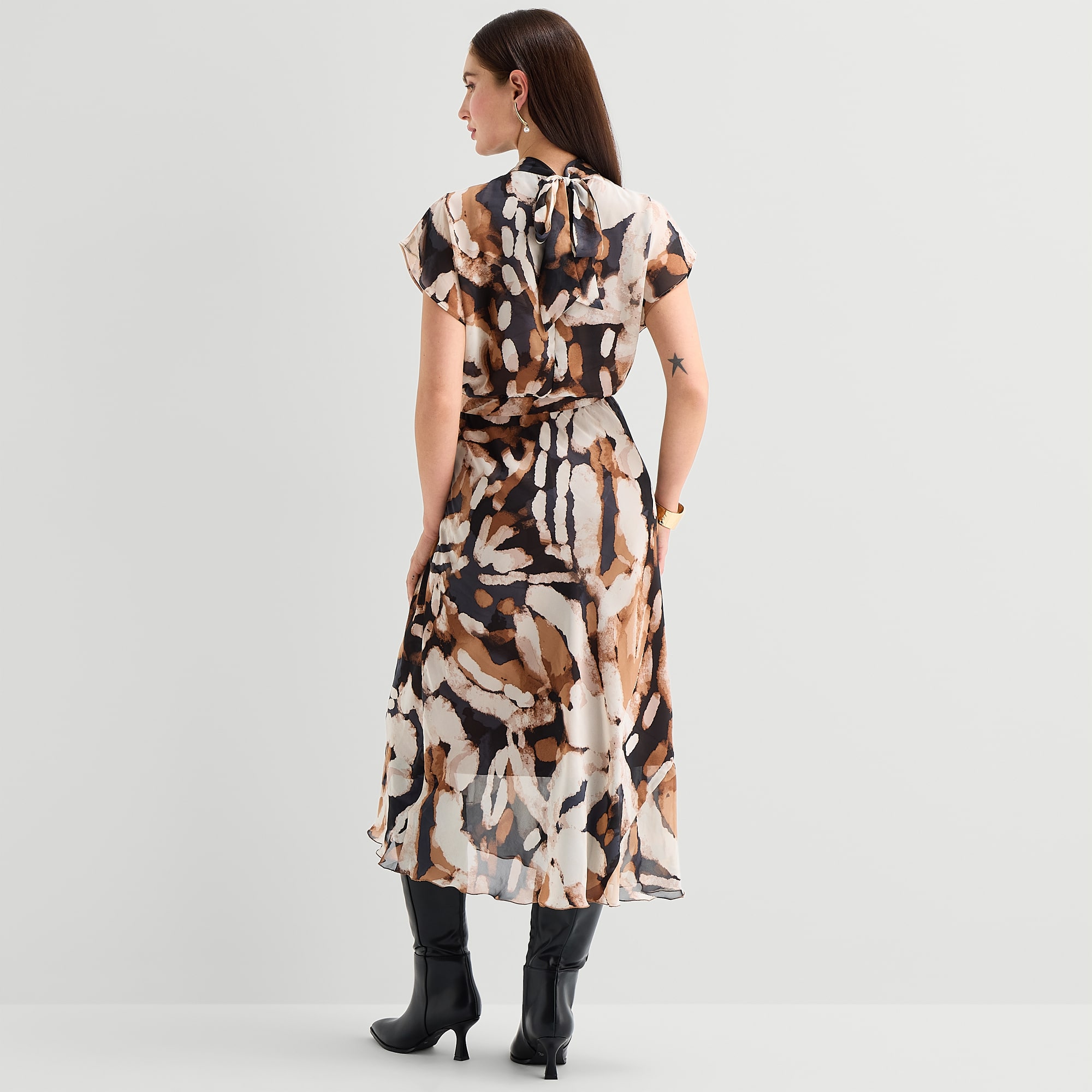 Rabbit Design Womens Midi Mock Neck Short Sleeve Cap Abstract Fit + Flare Dress