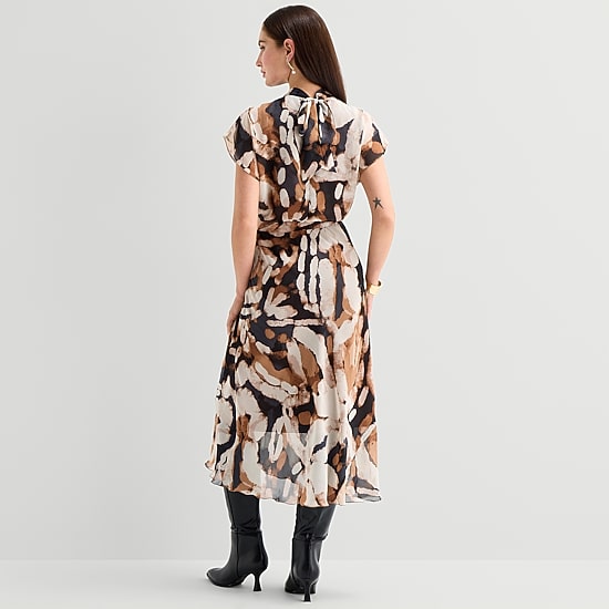 Rabbit Rabbit Rabbit Design Womens Midi Mock Neck Short Sleeve Cap Chiffon Abstract Fit + Flare Dress