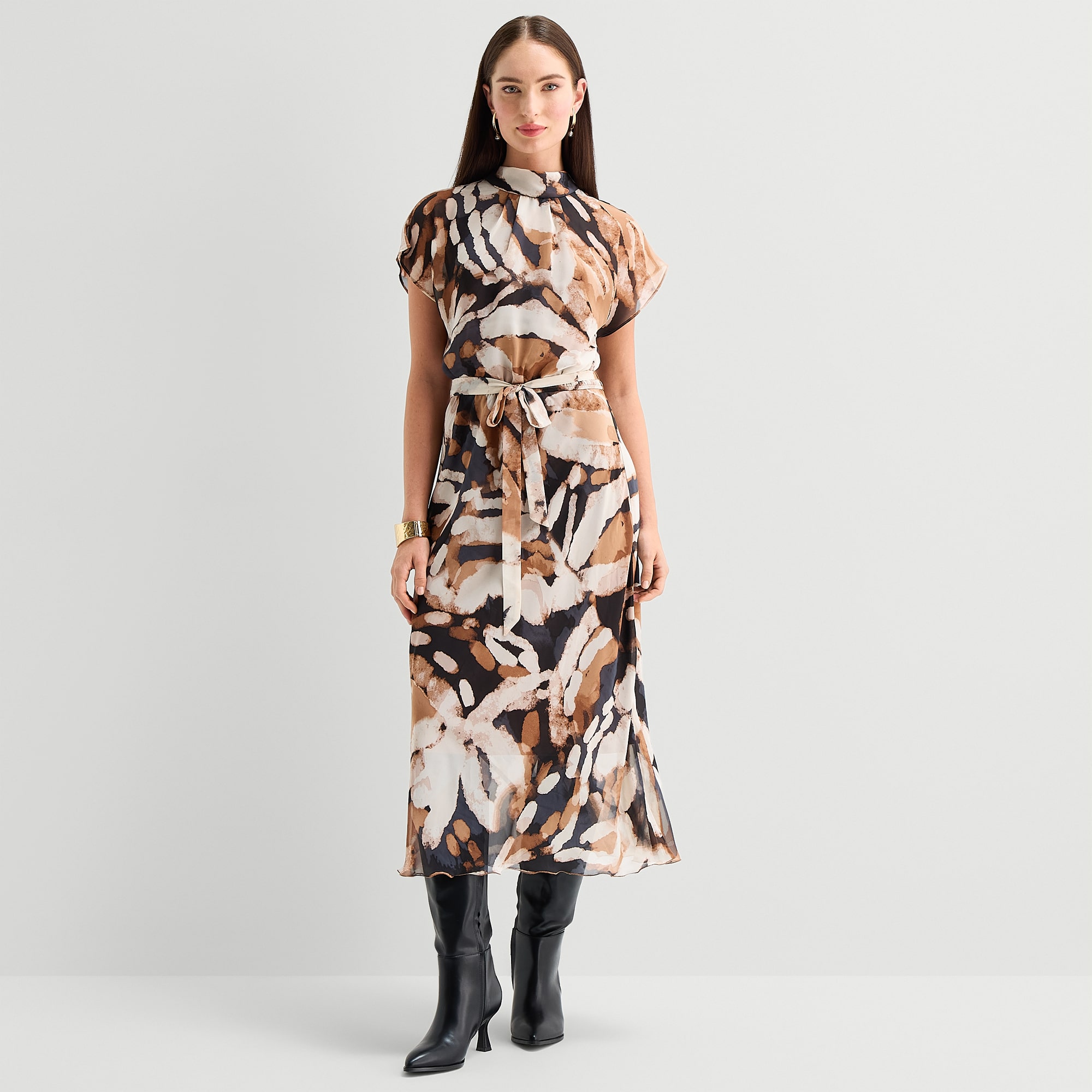 Rabbit Design Womens Midi Mock Neck Short Sleeve Cap Abstract Fit + Flare Dress