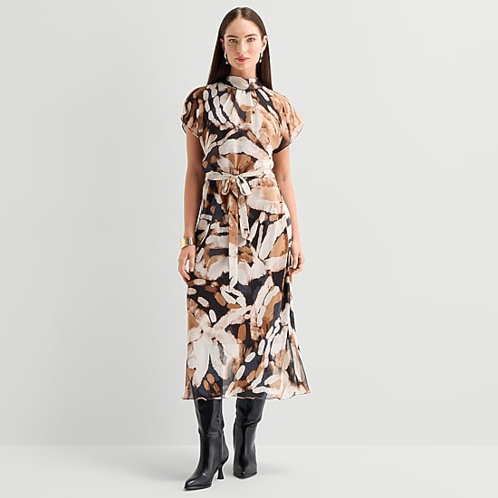 Rabbit Rabbit Rabbit Design Womens Midi Mock Neck Short Sleeve Cap Chiffon Abstract Fit + Flare Dress