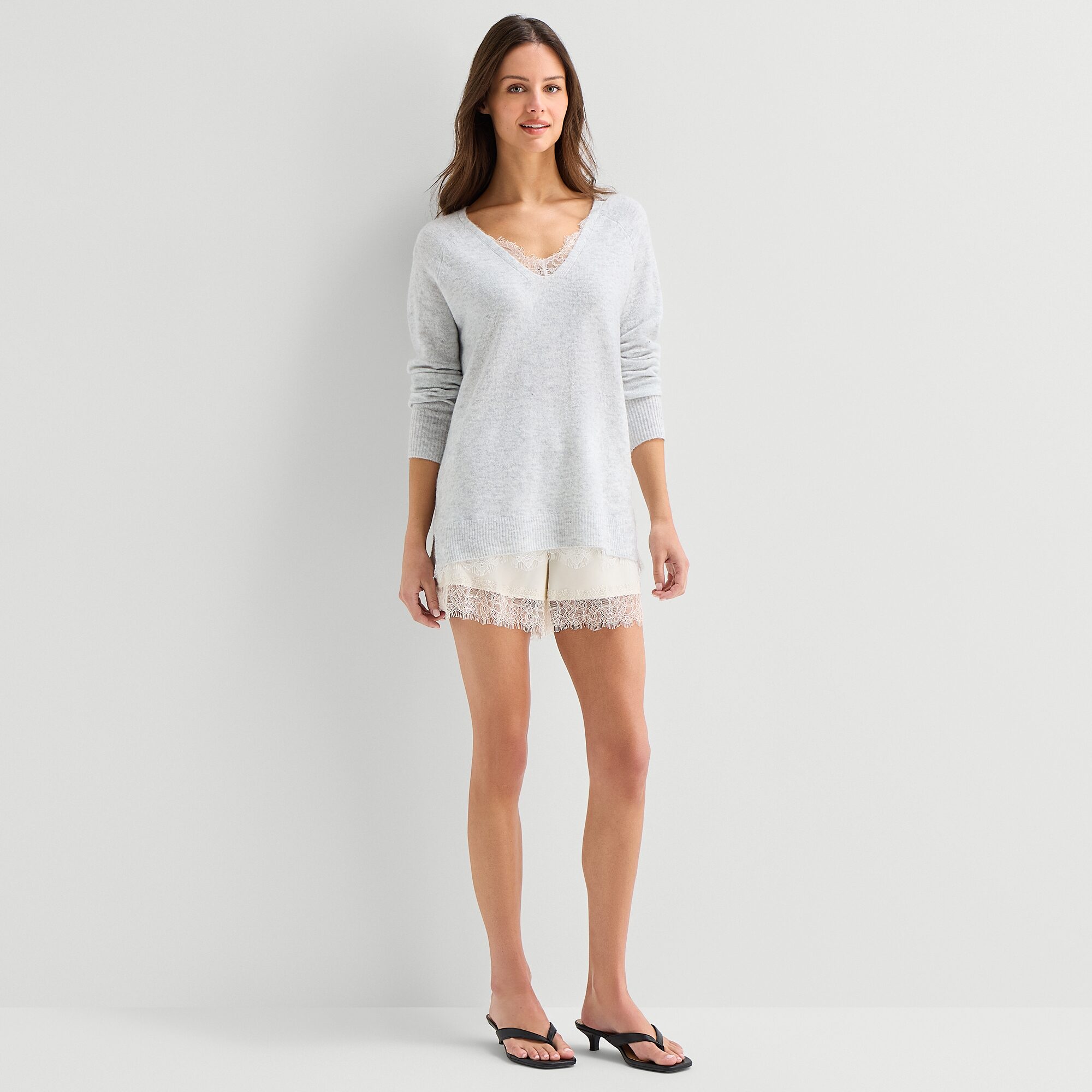 A.N.A Lace Trim Womens V Neck Long Sleeve Pullover Sweater