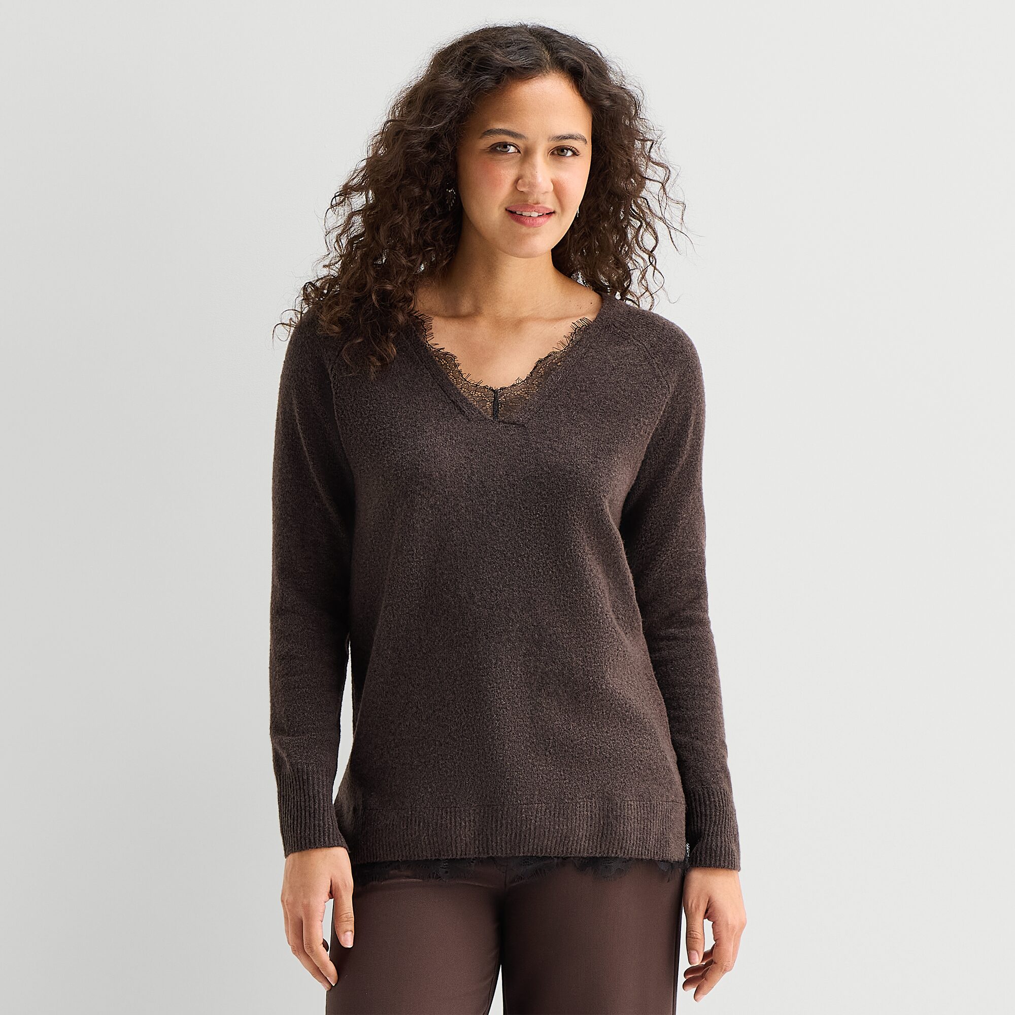 A.N.A Lace Trim Womens V Neck Long Sleeve Pullover Sweater
