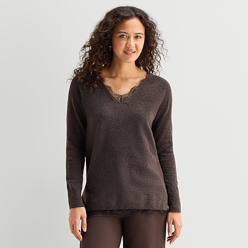 Ana Womens V Neck Long Sleeve Pullover Sweater In Brown