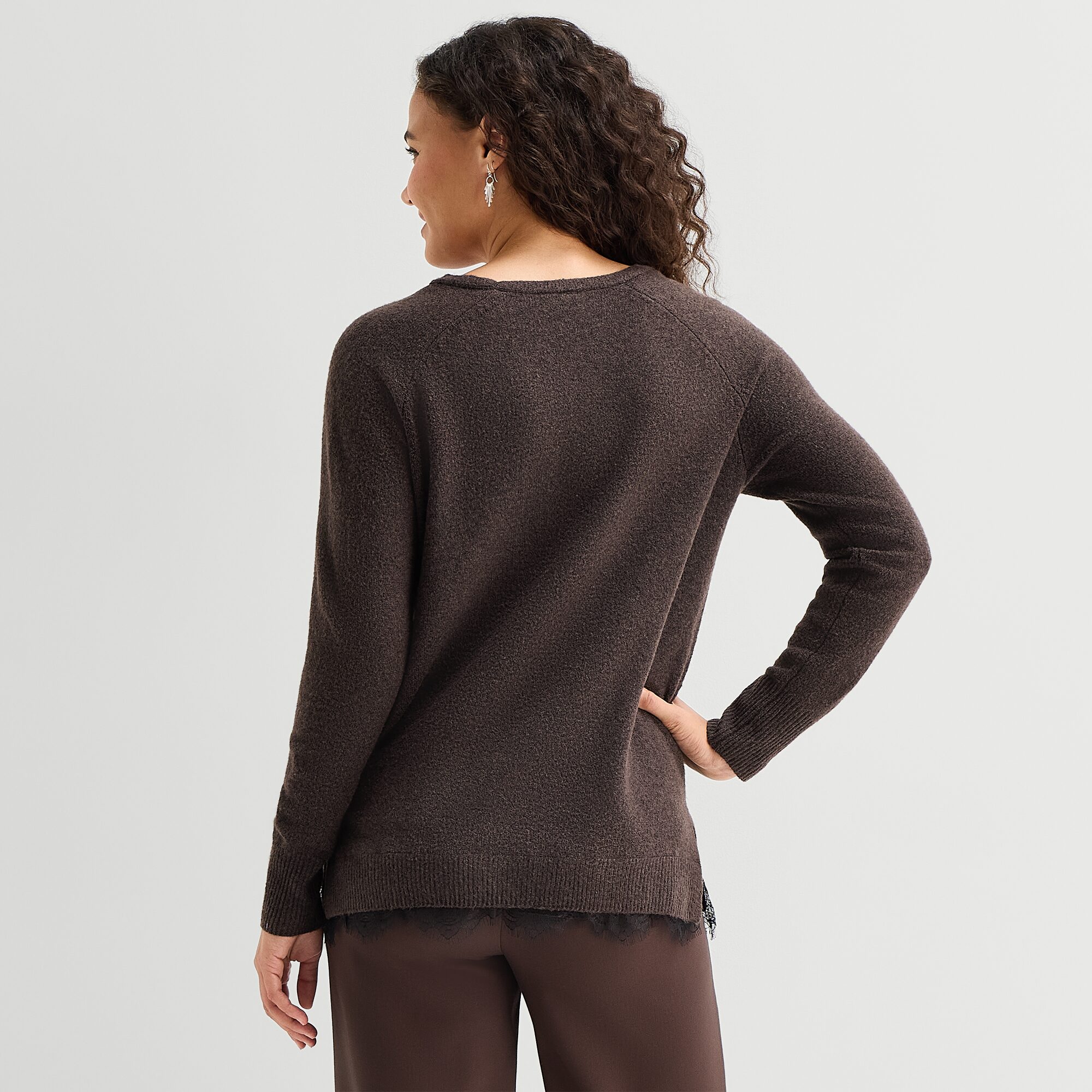 A.N.A Lace Trim Womens V Neck Long Sleeve Pullover Sweater
