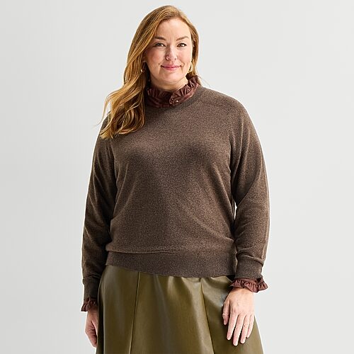 Liz Claiborne Plus Luxe Womens Crew Neck Long Sleeve Pullover Sweater In Brown