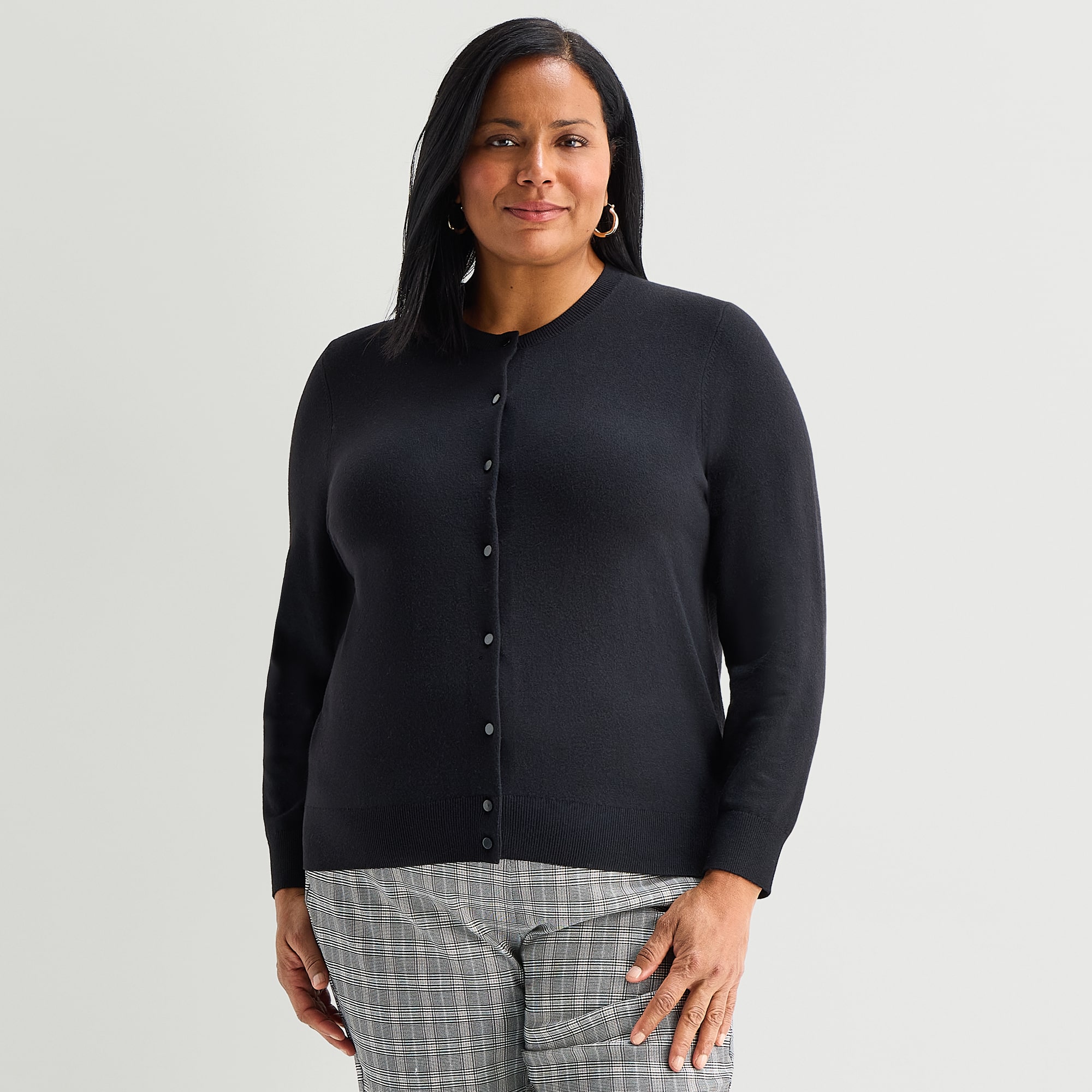 Liz Claiborne Luxe Womens Crew Neck Long Sleeve Button Plus Striped Cardigan