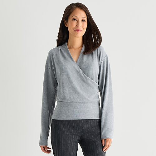 Liz Claiborne Womens V Neck Long Sleeve Faux Wrap Shirt, Xx-large, Gray