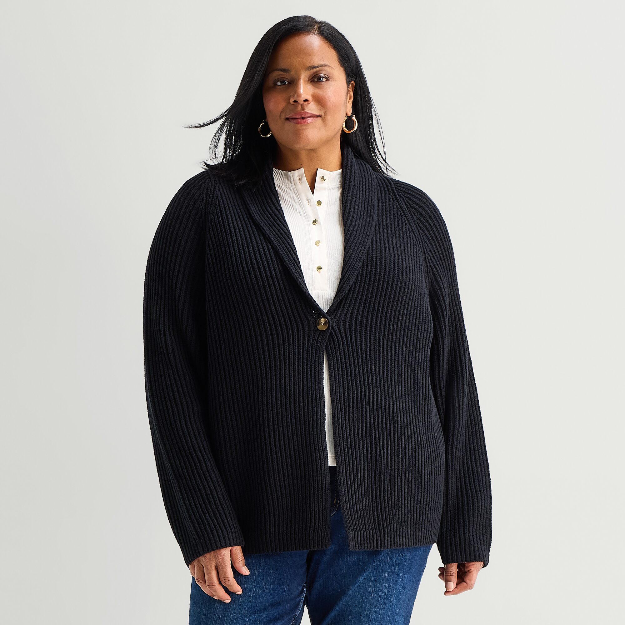 Liz Claiborne Womens Long Sleeve Button Plus Cardigan