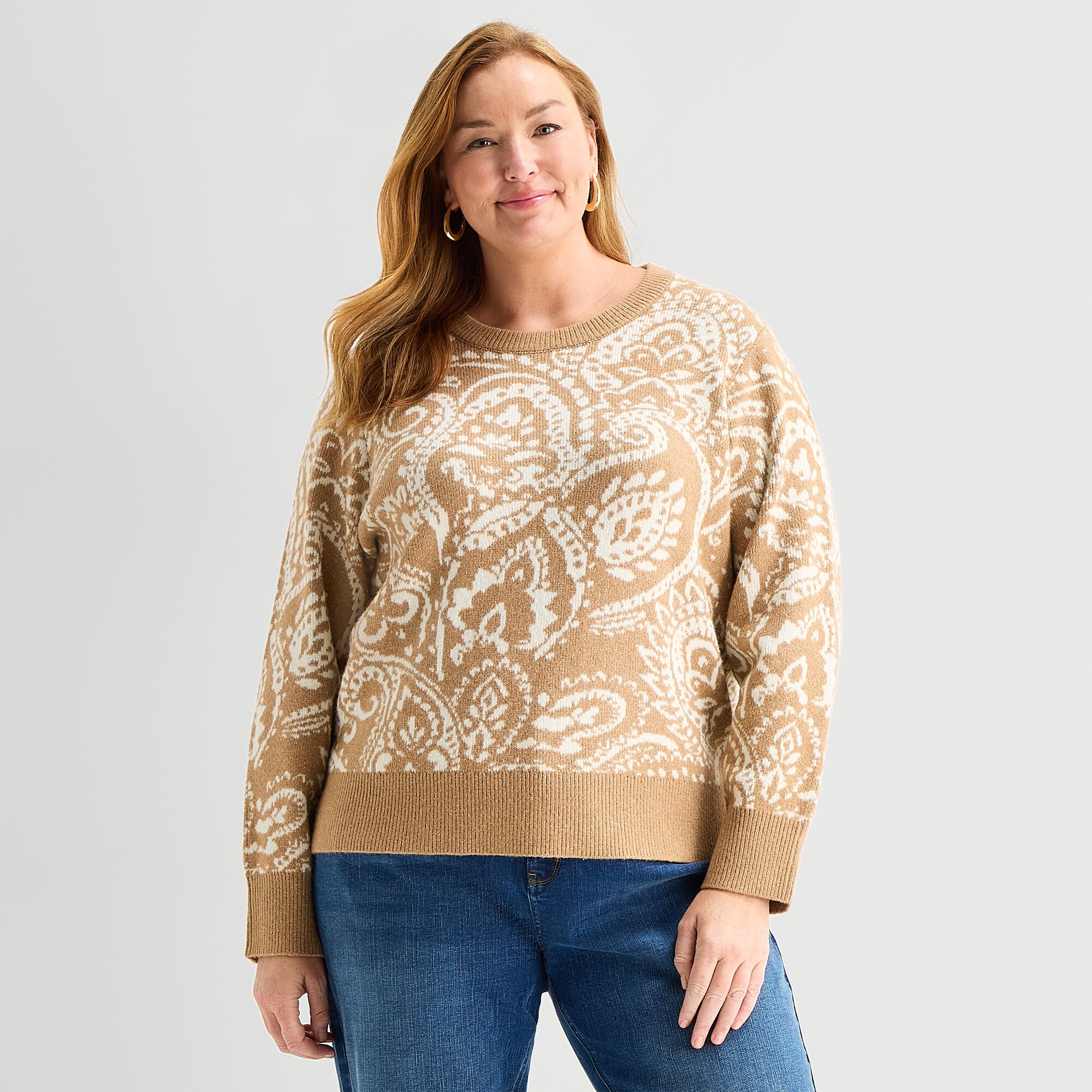 Liz Claiborne Plus Womens Crew Neck Long Sleeve Paisley Pullover Sweater