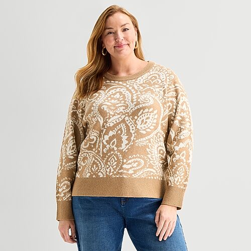 Liz Claiborne Plus Womens Crew Neck Long Sleeve Paisley Pullover Sweater In Gray