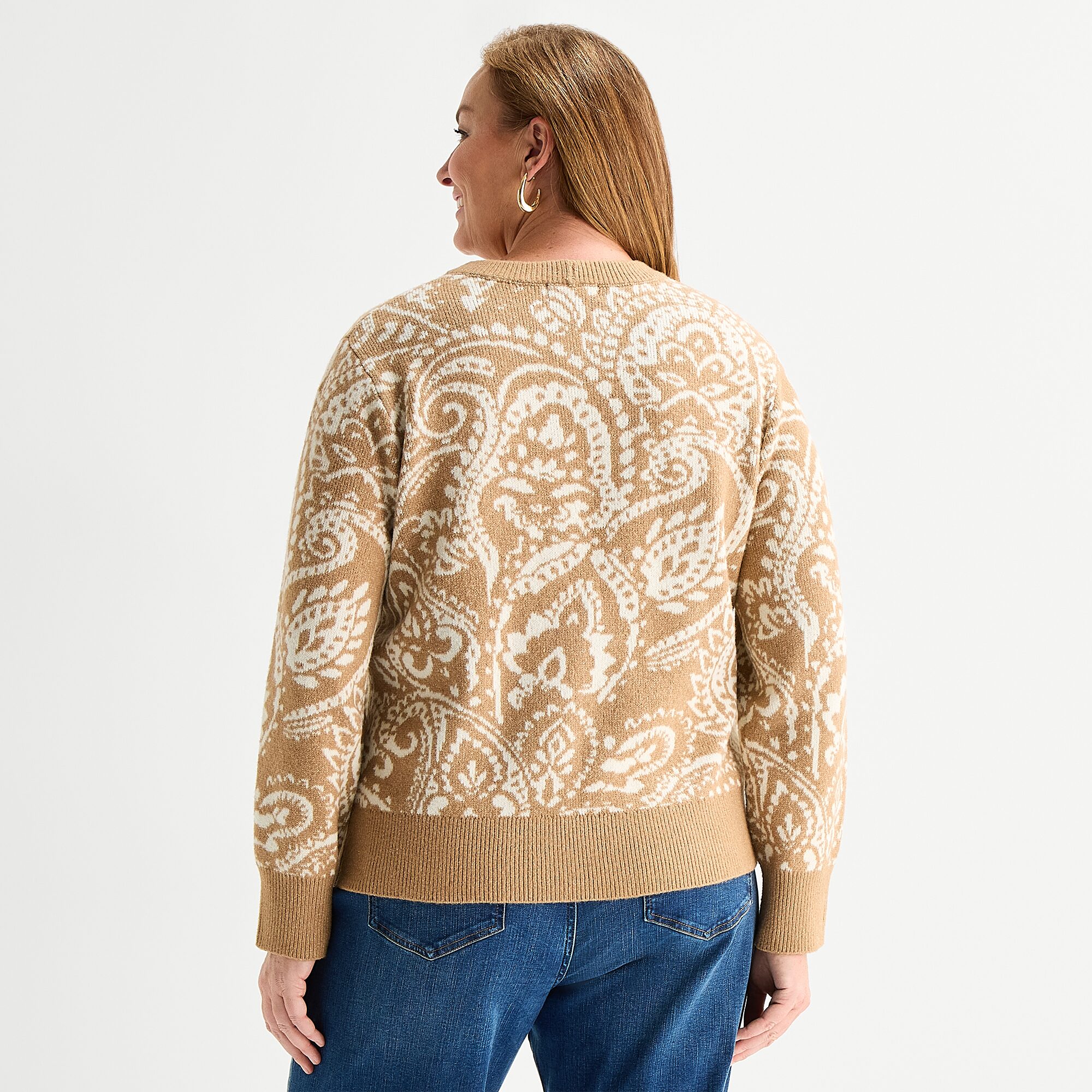 Liz Claiborne Plus Womens Crew Neck Long Sleeve Paisley Pullover Sweater