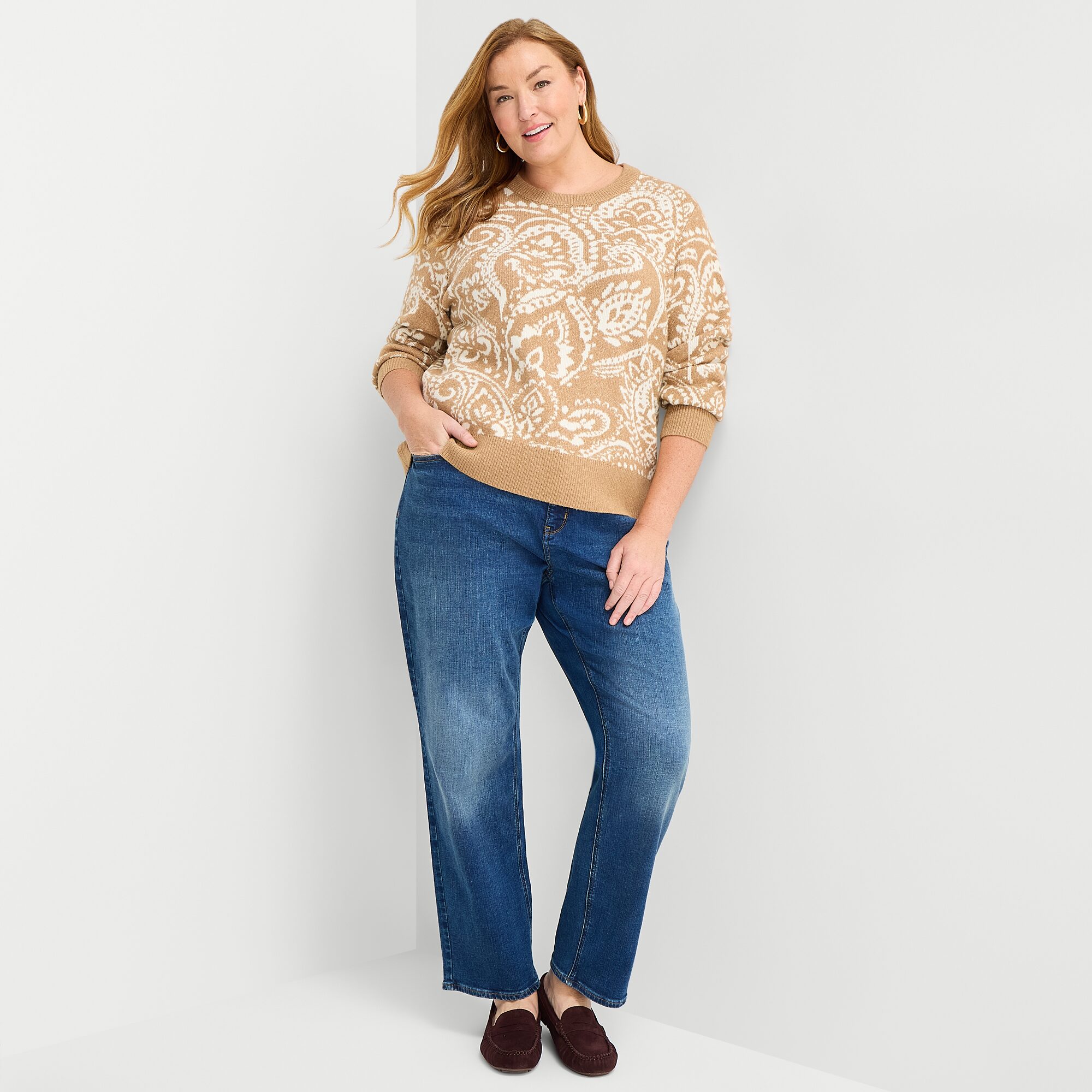 Liz Claiborne Plus Womens Crew Neck Long Sleeve Paisley Pullover Sweater