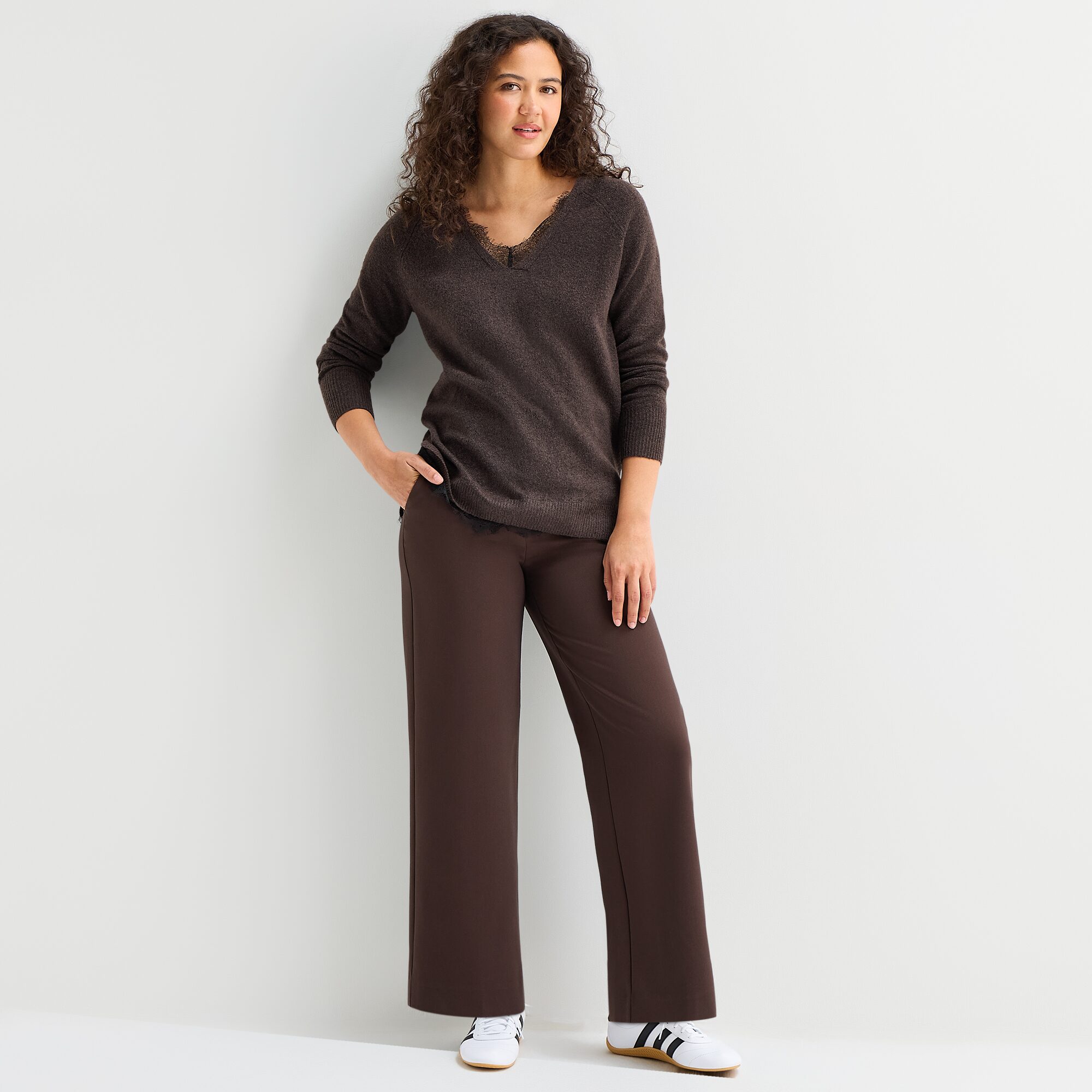 A.N.A Lace Trim Womens V Neck Long Sleeve Pullover Sweater