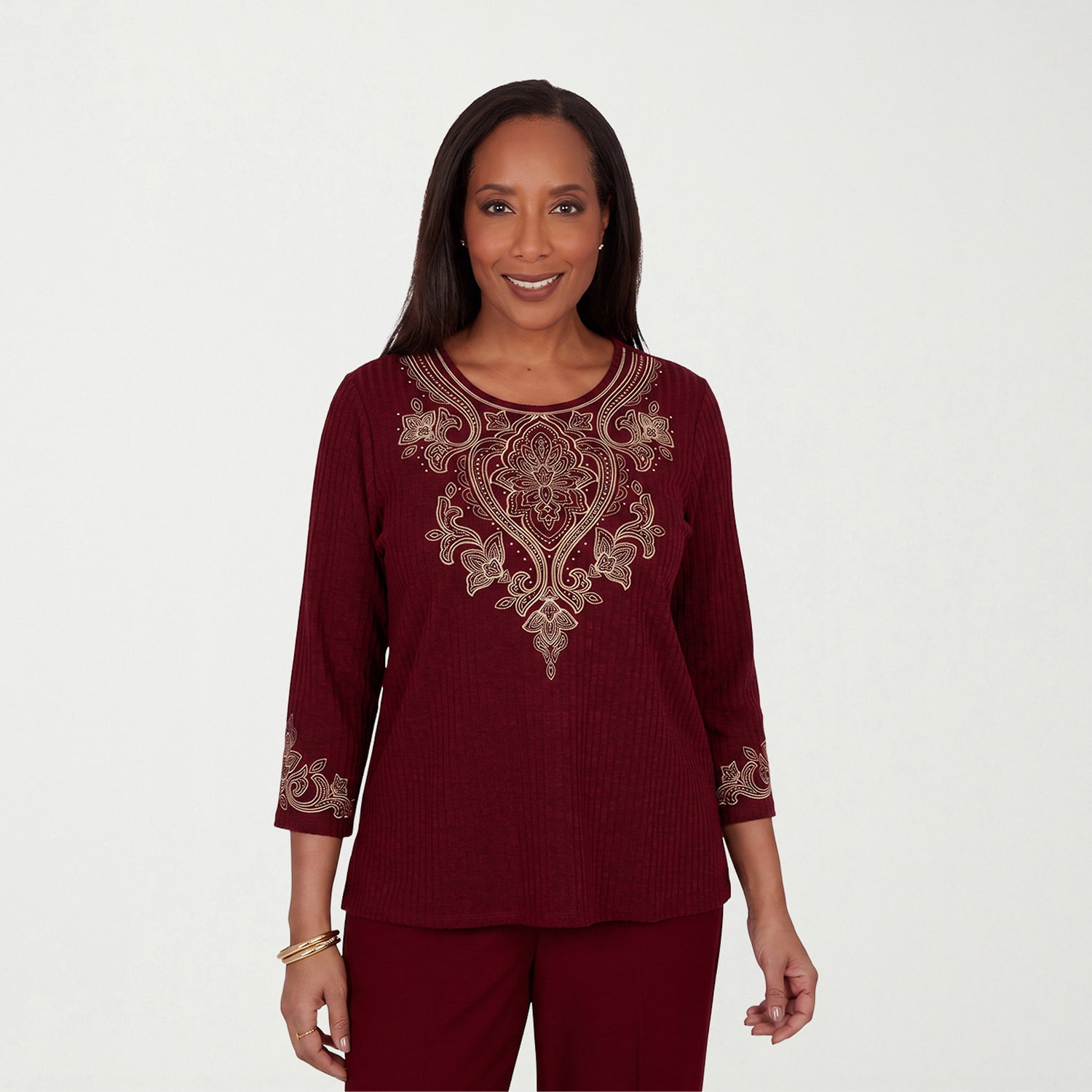 Alfred Dunner Union Square Womens Crew Neck 3/4 Sleeve T-Shirt