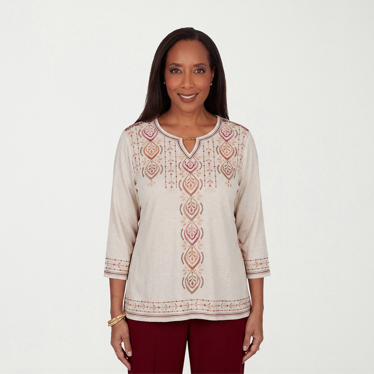 Alfred Dunner Union Square Womens Split Crew Neck 3/4 Sleeve T-Shirt