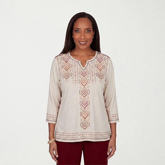 Alfred Dunner Union Square Womens Split Crew Neck 3/4 Sleeve T-Shirt
