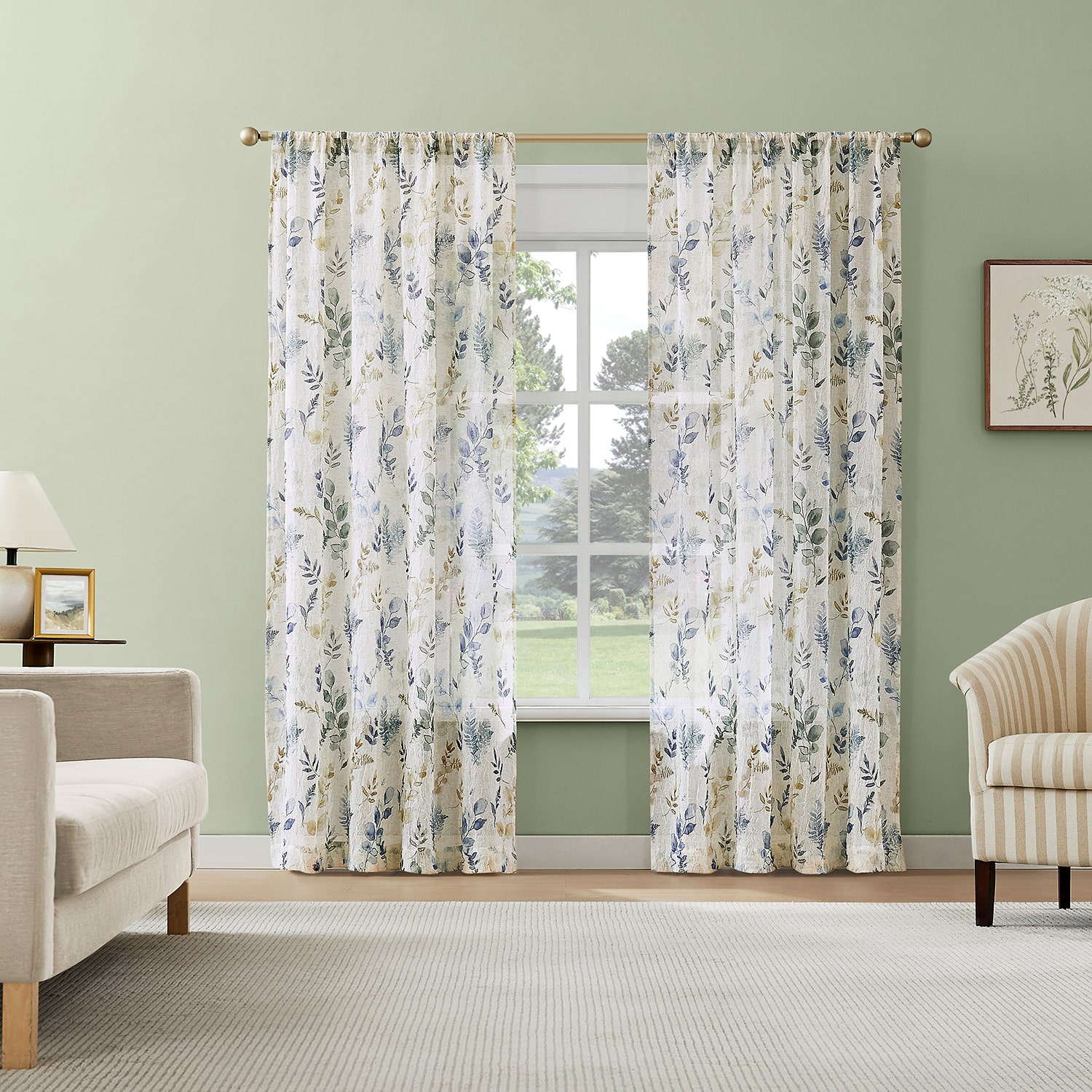 No 918 Marcella Watercolor Botanical Rod Pocket Semi-Sheer Single Curtain Panel
