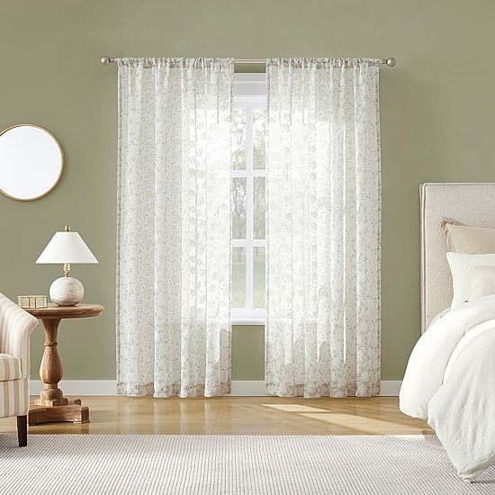 No 918 Jacqueline Tonal Floral Puff Print Rod Pocket Embellished Semi-Sheer Single Curtain Panel