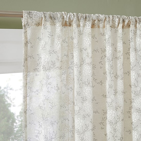 No 918 Jacqueline Tonal Floral Puff Print Rod Pocket Embellished Semi-Sheer Single Curtain Panel