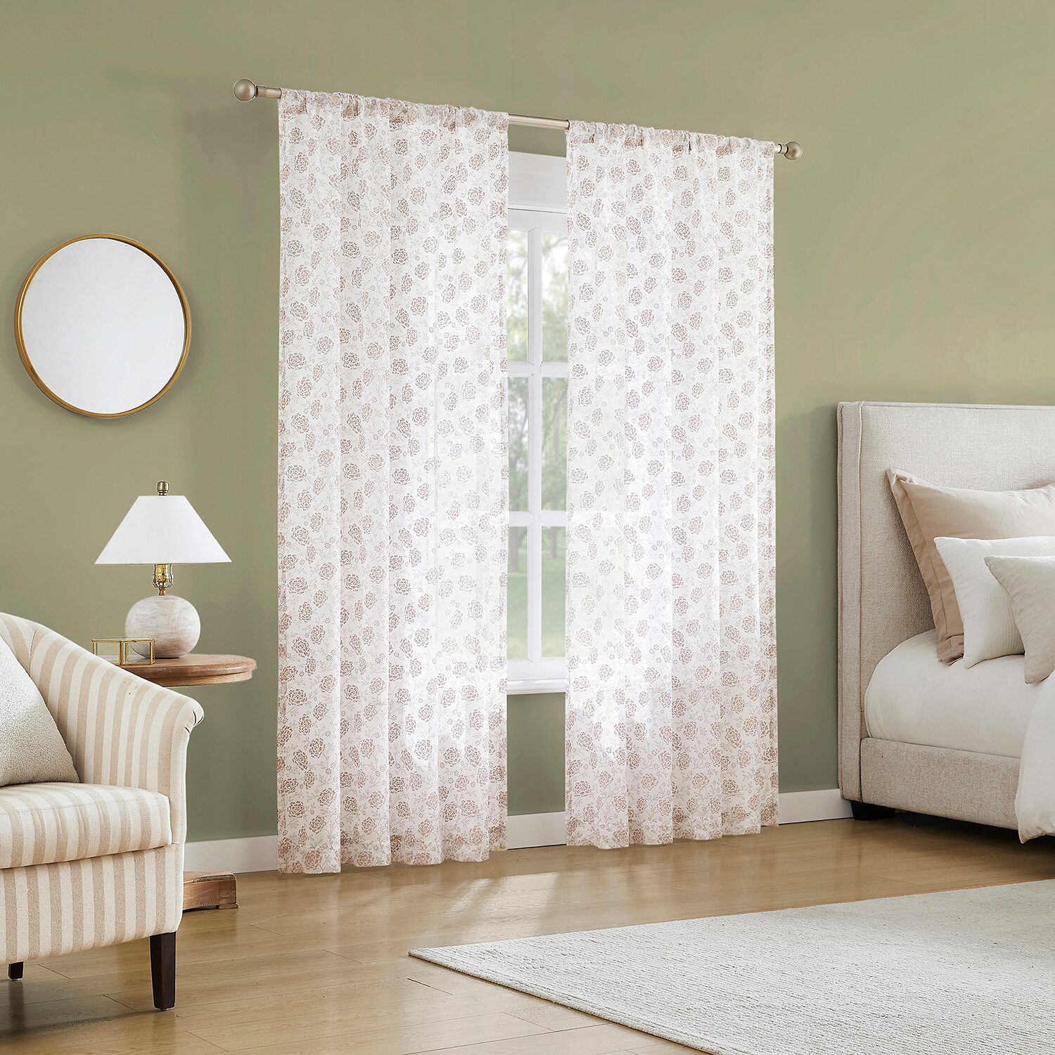 No 918 Jacqueline Tonal Floral Puff Print Rod Pocket Embellished Semi-Sheer Single Curtain Panel