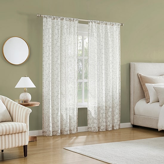 No 918 Jacqueline Tonal Floral Puff Print Rod Pocket Embellished Semi-Sheer Single Curtain Panel