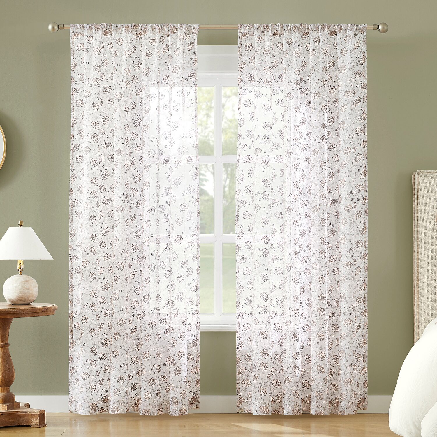 No 918 Jacqueline Tonal Floral Puff Print Rod Pocket Embellished Semi-Sheer Single Curtain Panel