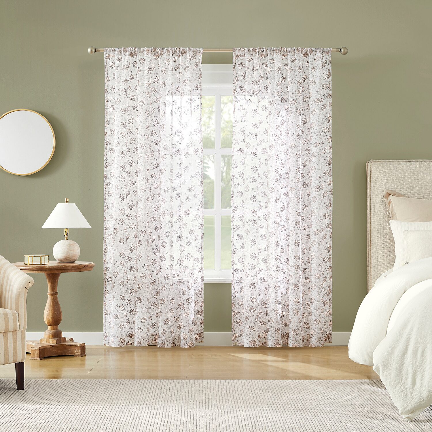 No 918 Jacqueline Tonal Floral Puff Print Rod Pocket Embellished Semi-Sheer Single Curtain Panel