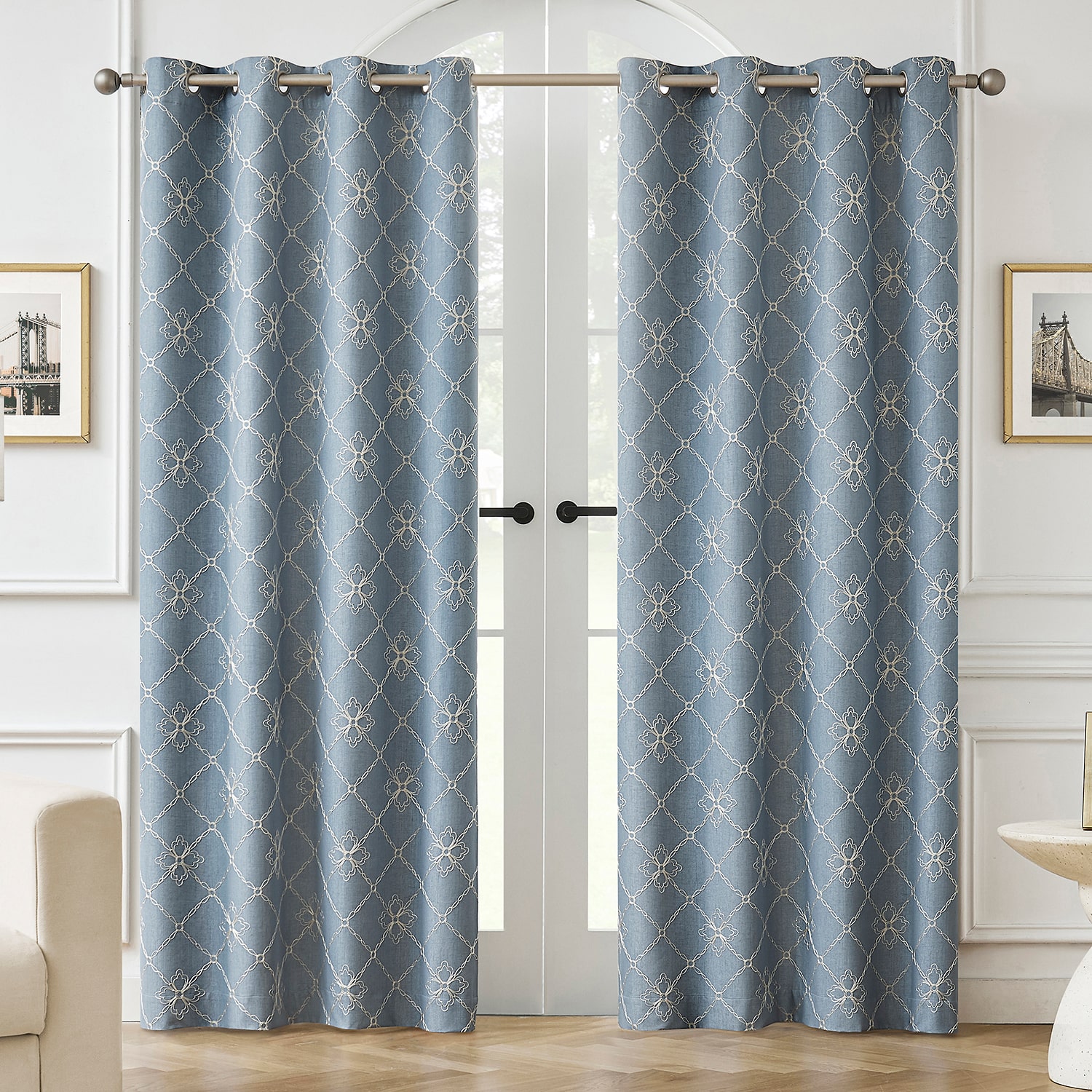 Sun Zero Adria Trellis Embroidered Grommet Top 100% Blackout Single Curtain Panel