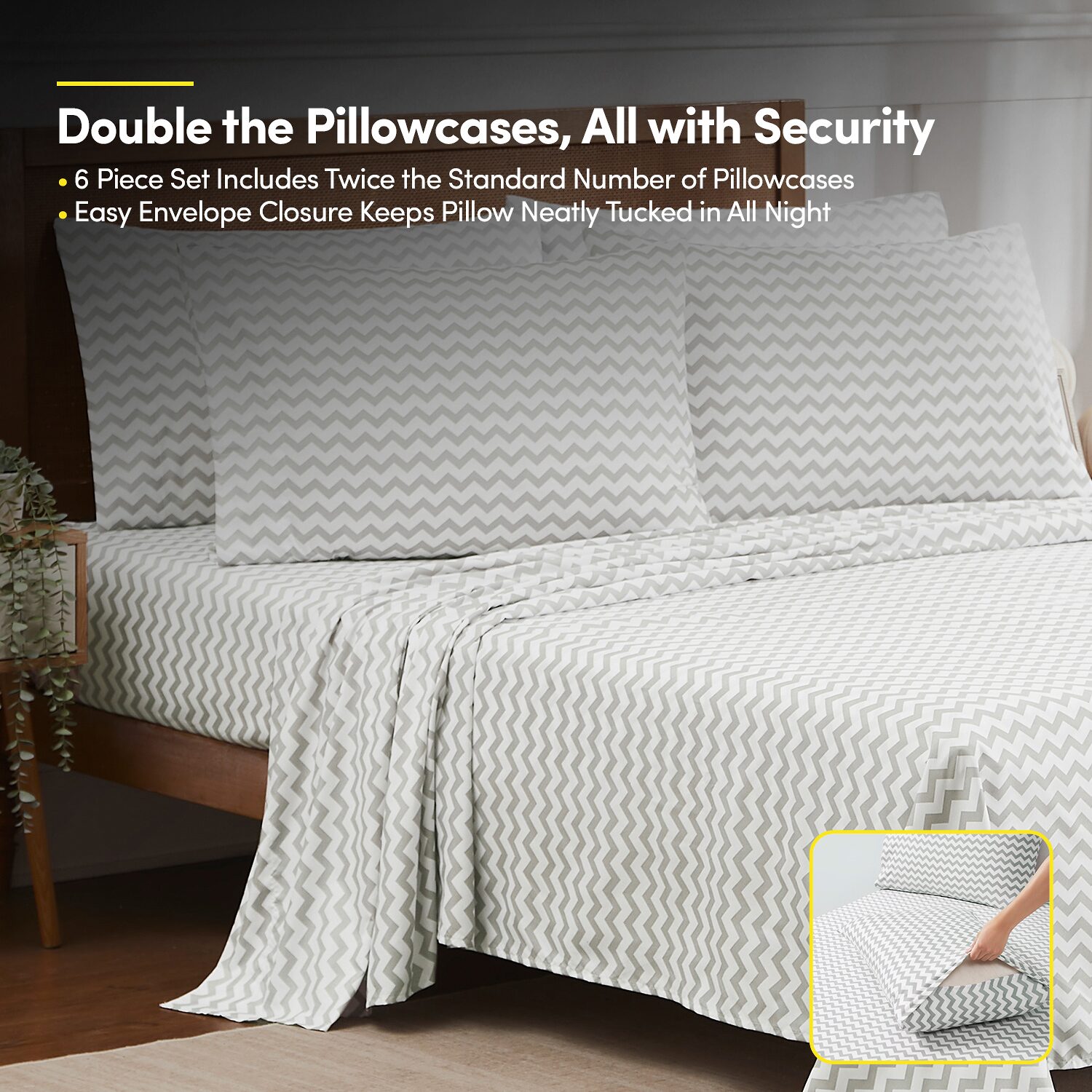 Sweet Home Collection™ 6 Piece Chevron Printed Gray Sheet Set, Deluxe Ultra Soft 1500 Series, Double Brushed Microfiber
