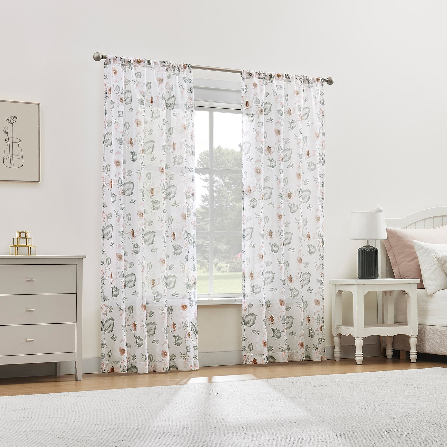 No 918 Anya Floral Puff Print Sheer Rod Pocket Single Curtain Panel