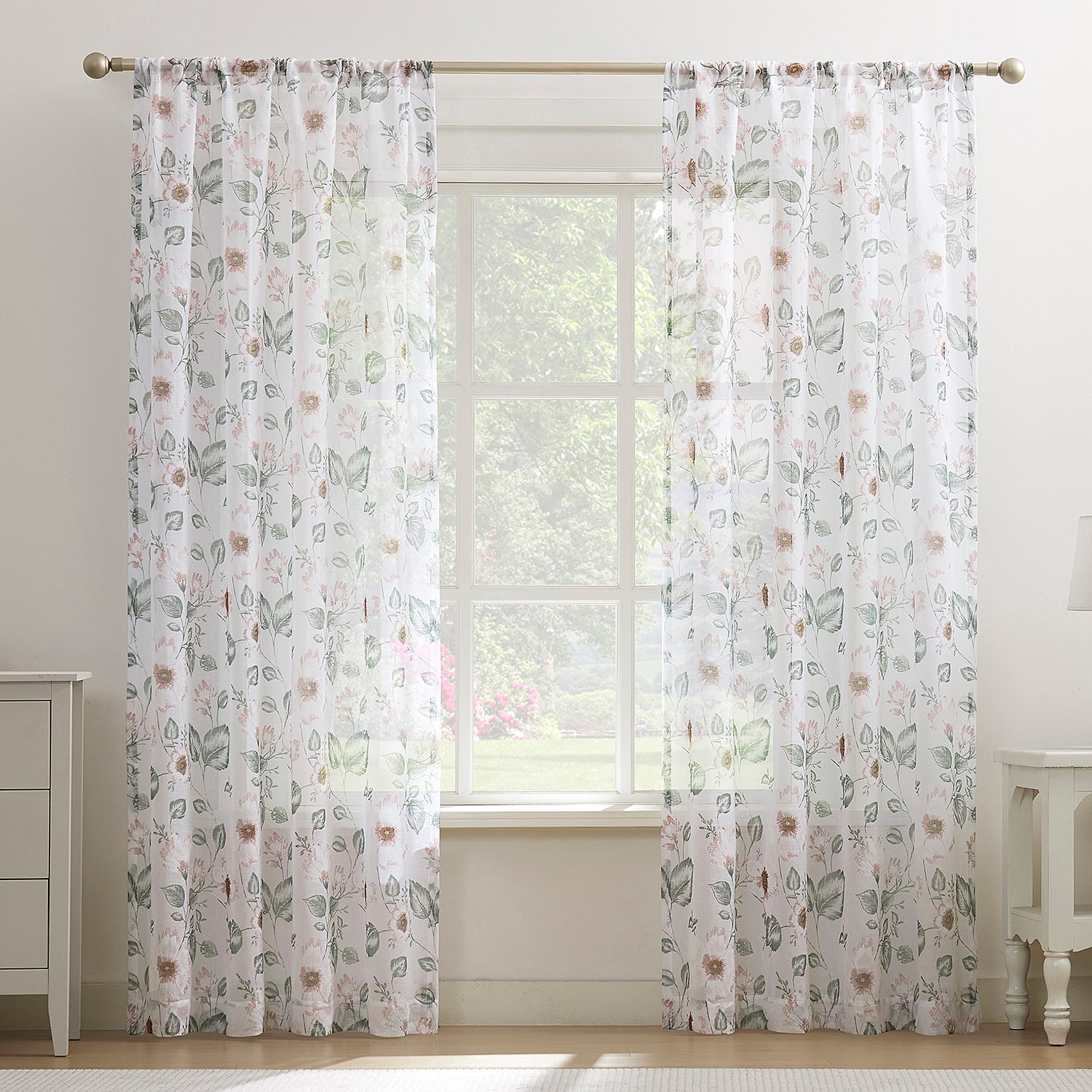 No 918 Anya Floral Puff Print Sheer Rod Pocket Single Curtain Panel