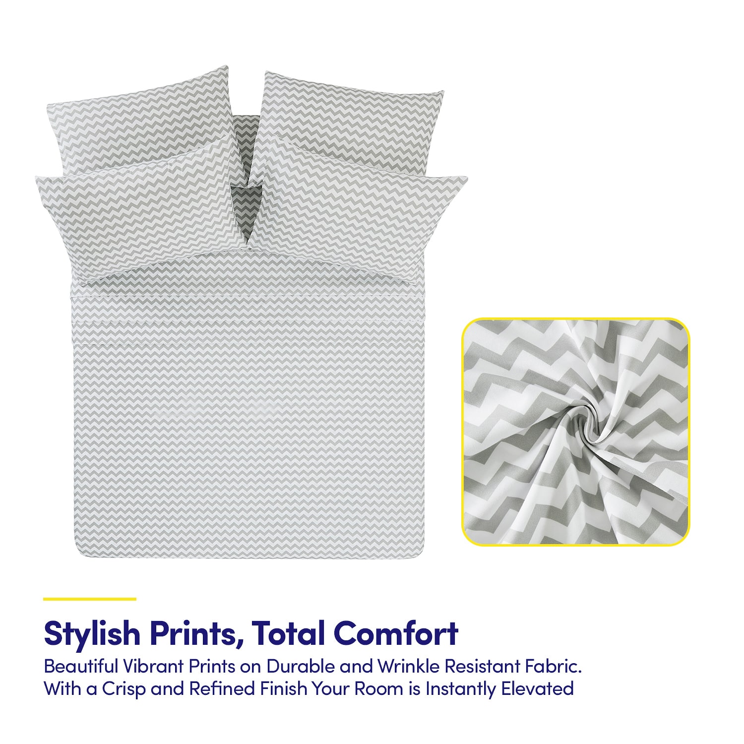 Sweet Home Collection™ 6 Piece Chevron Printed Gray Sheet Set, Deluxe Ultra Soft 1500 Series, Double Brushed Microfiber