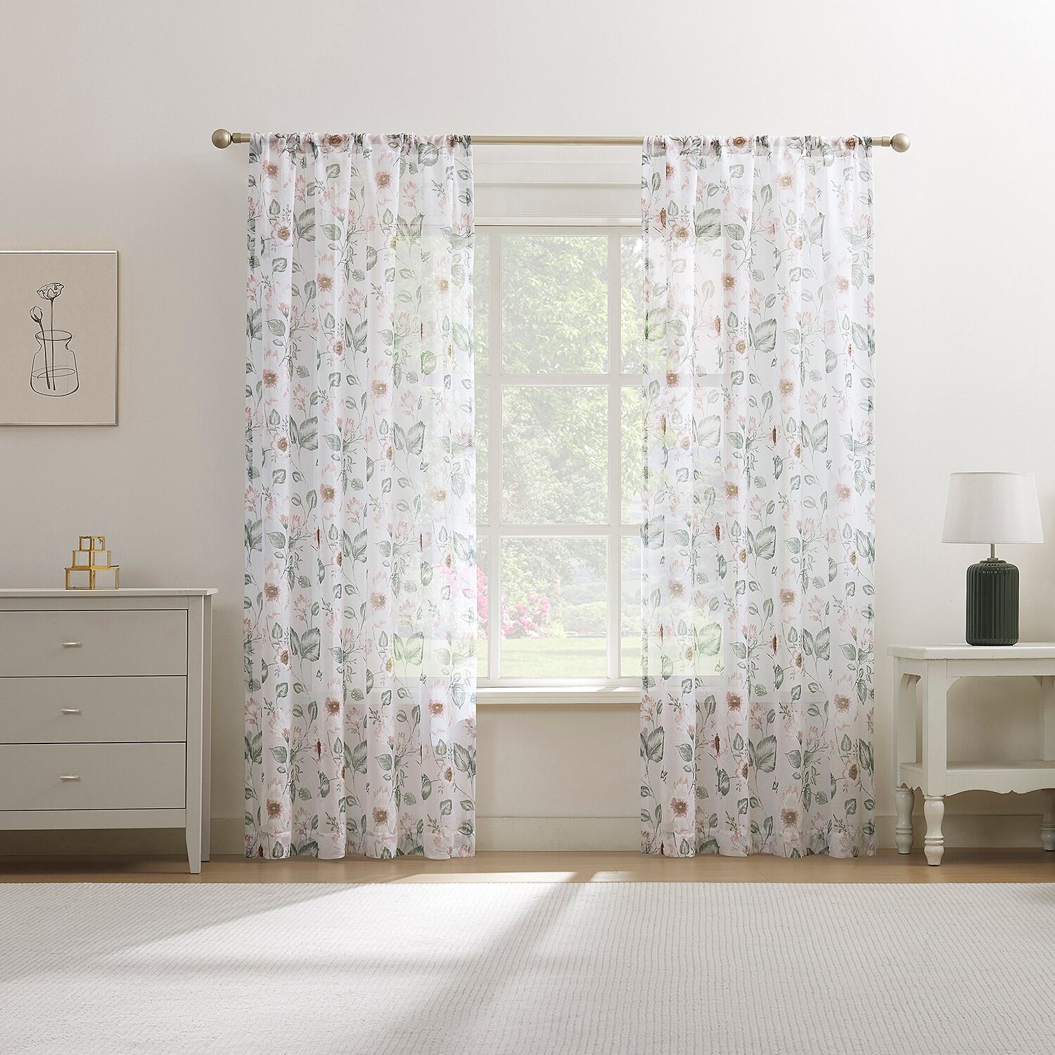 No 918 Anya Floral Puff Print Sheer Rod Pocket Single Curtain Panel