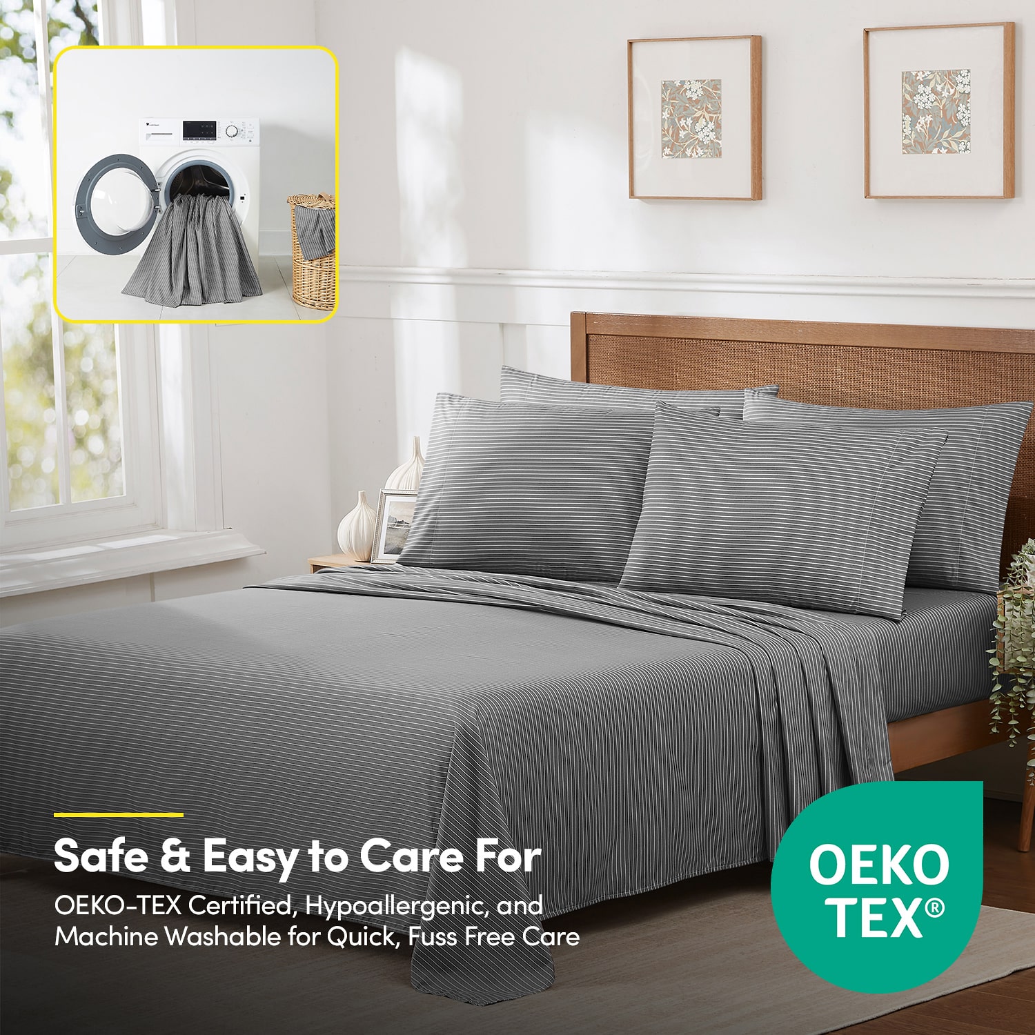 Sweet Home Collection™ Pinstripes Printed Sheet Set, Deluxe Ultra Soft, Double Brushed Microfiber with Bonus Pillowcases