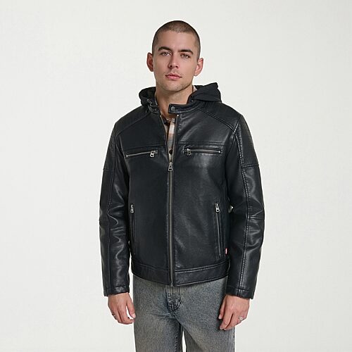 Levi 's Mens Faux Leather Hooded Midweight Jacket In Black