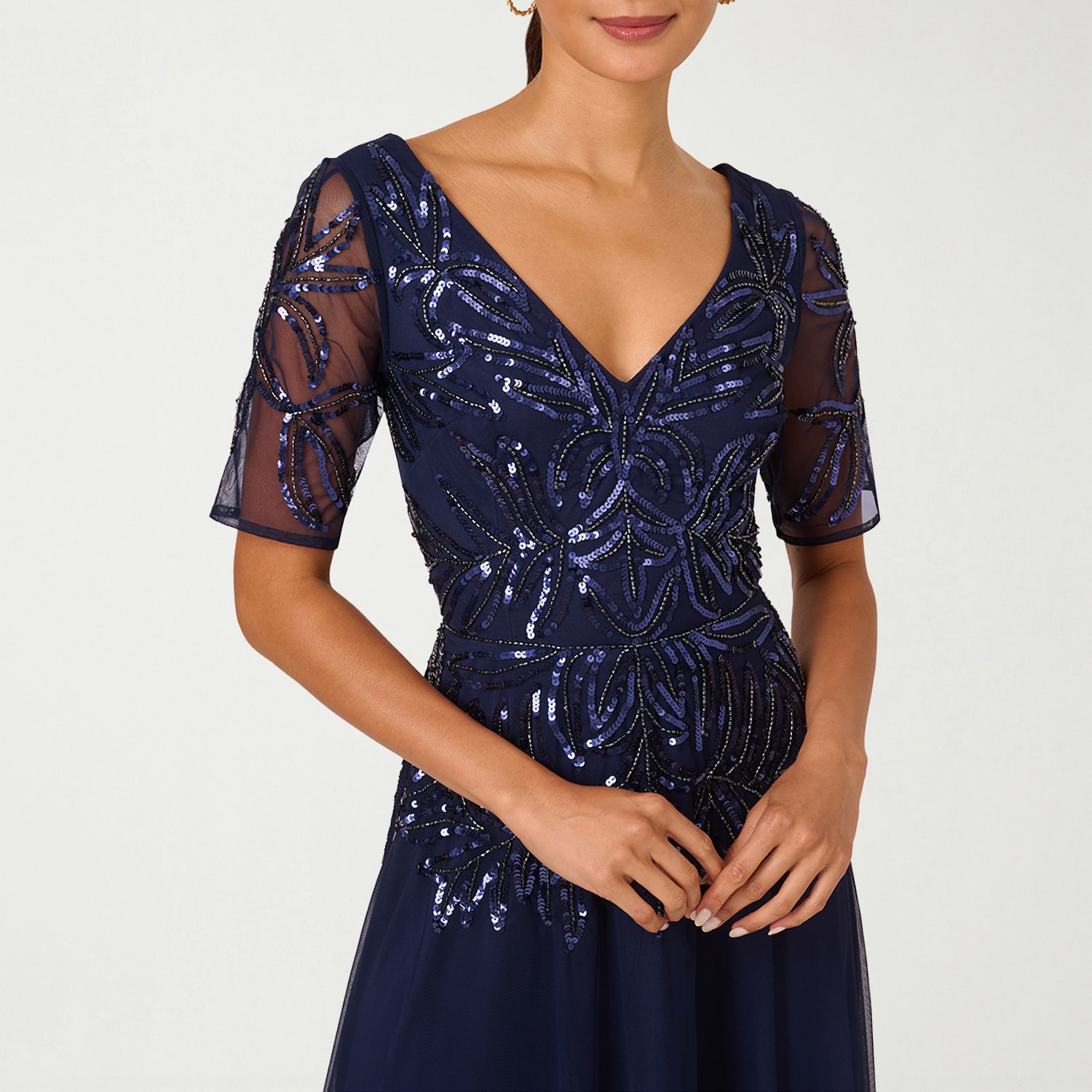 Papell Boutique Womens V Neck Short Sleeve Dolman Evening Gown