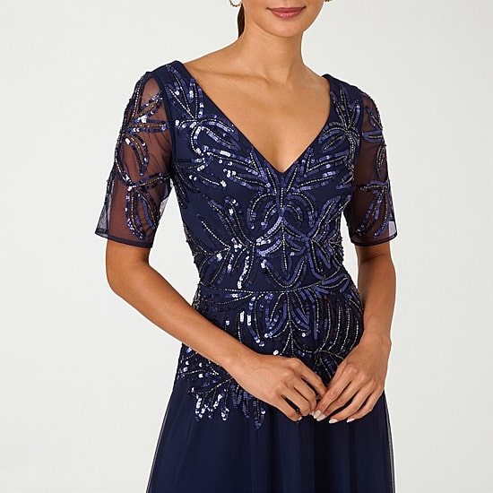 Papell Boutique Womens V Neck Short Sleeve Dolman Evening Gown