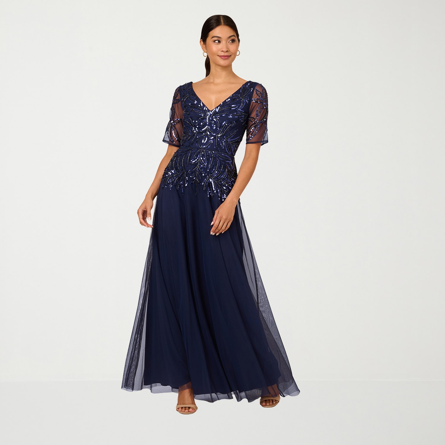 Papell Boutique Womens V Neck Short Sleeve Dolman Evening Gown