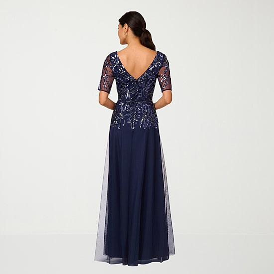 Papell Boutique Womens V Neck Short Sleeve Dolman Evening Gown